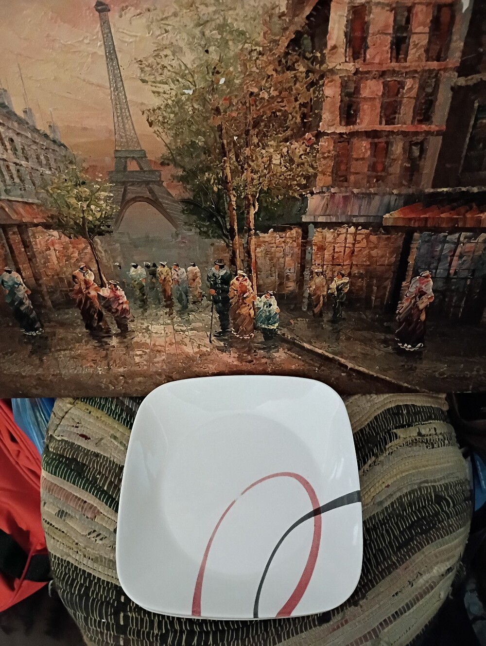 CORNING CORELLE-White Square Dinner Plate w Red & Gray Swirl🍥MADE IN U.S.A. 🎁